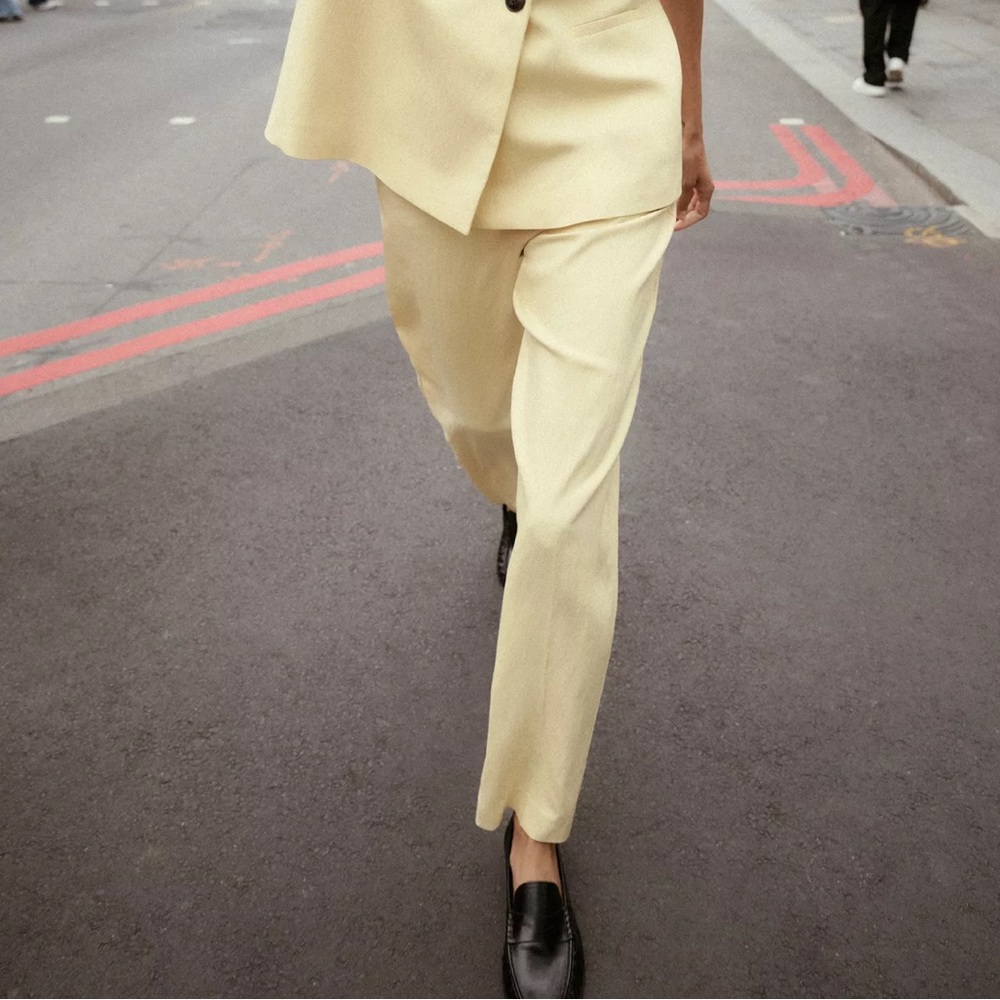 NWT ZARA Textured Straight-Leg Trousers Butter Yellow High Waist Pants Womens S